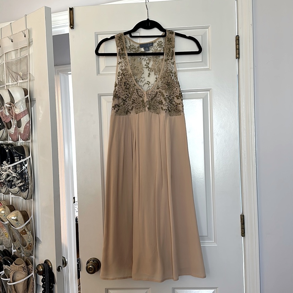 Anthropologie beige silk midi length slip dress with metal beading/embroidery